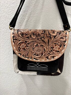 Hand-Tooled Floral Leather Crossbody Bag in Tan and Black